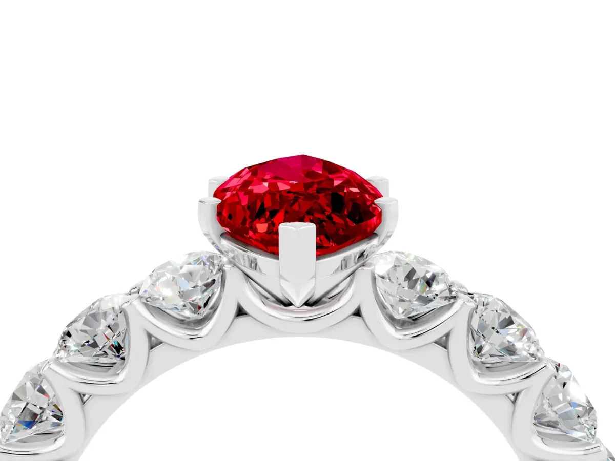 Marquise Cut Ruby Prong Setting with Side Stones on a Pave Band Platinum