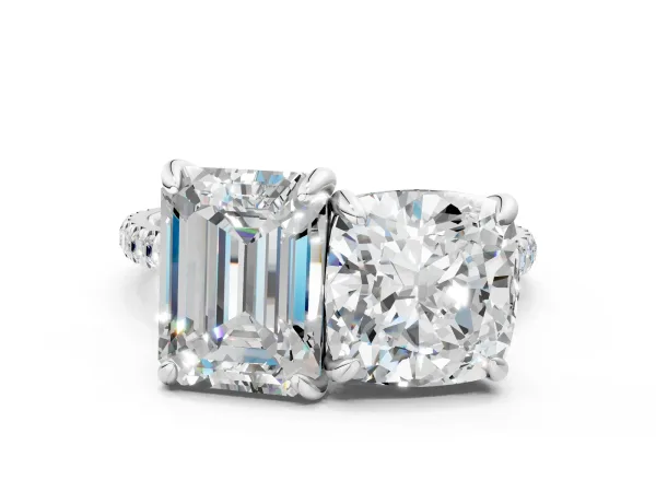 Cushion and Emerald Toi Moi Ring with Prong Setting and Pave Band Platinum