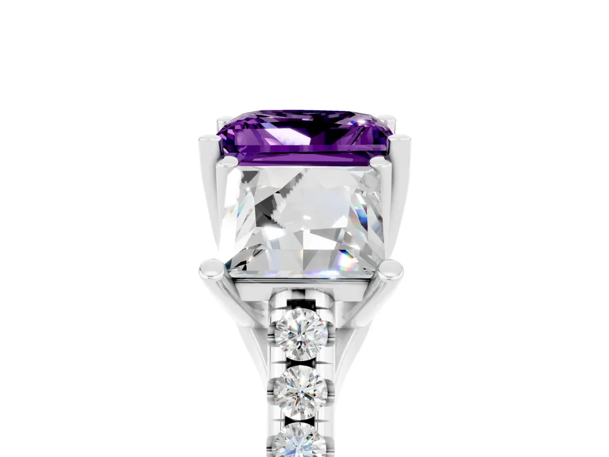 Three-Stone Princess Cut Amethyst Ring with Round Pavé Band and Prong Setting Silver