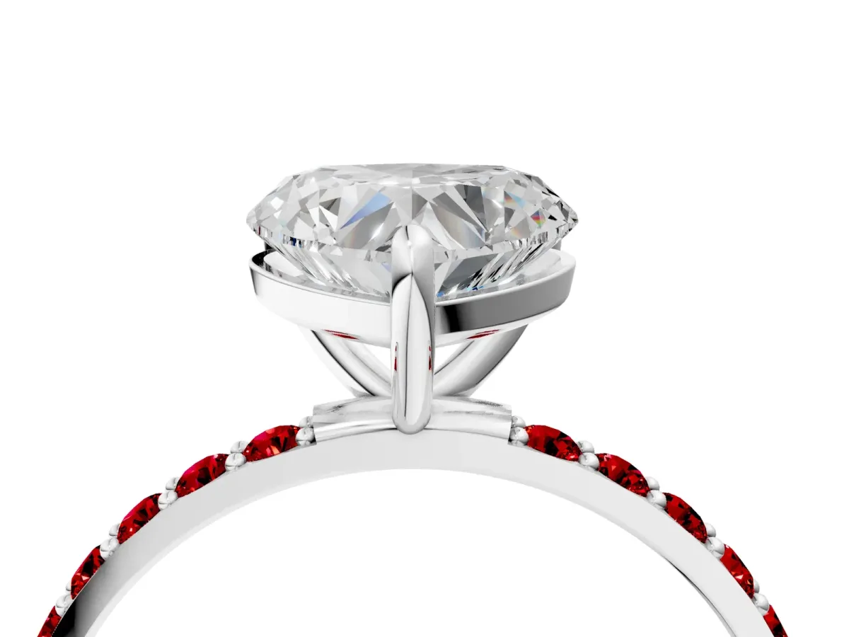 Heart Cut Diamond Solitaire Ring with Round Ruby Pavé Band and Prong Setting Silver
