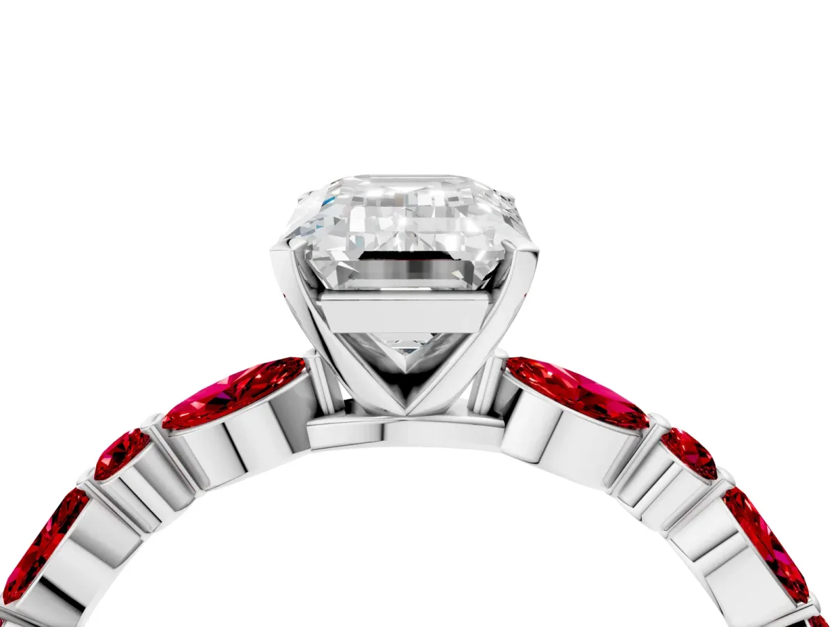 Emerald Cut Diamond Ring with Marquise and Round Ruby Side Stones and Four-Prong Setting Silver