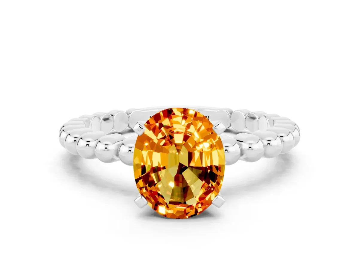 Oval Cut Citrine Solitaire Ring with Beaded Band and Prong Setting Silver