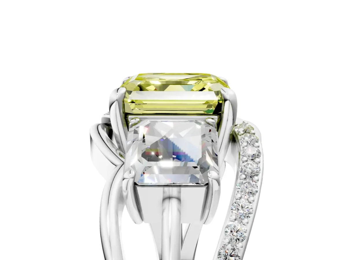 Fancy Yellow Three-Stone Asscher Cut Cut Diamond Split Shank Prong Set Ring Platinum