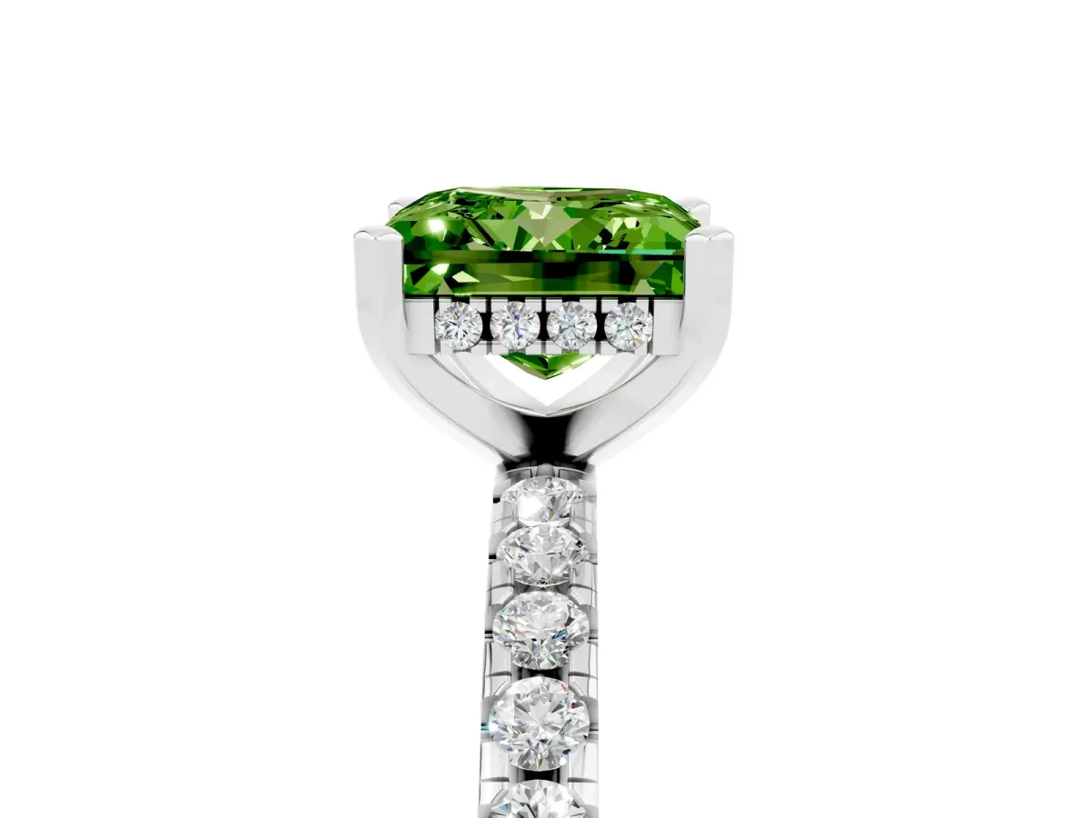 Princess Cut Peridot Solitaire Ring with Round Pavé Band and Four-Prong Setting Silver