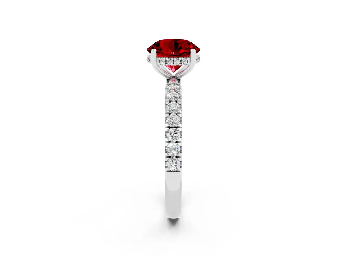 Round Cut Ruby Pave Band Solitaire Ring with Round and Prong Setting Platinum
