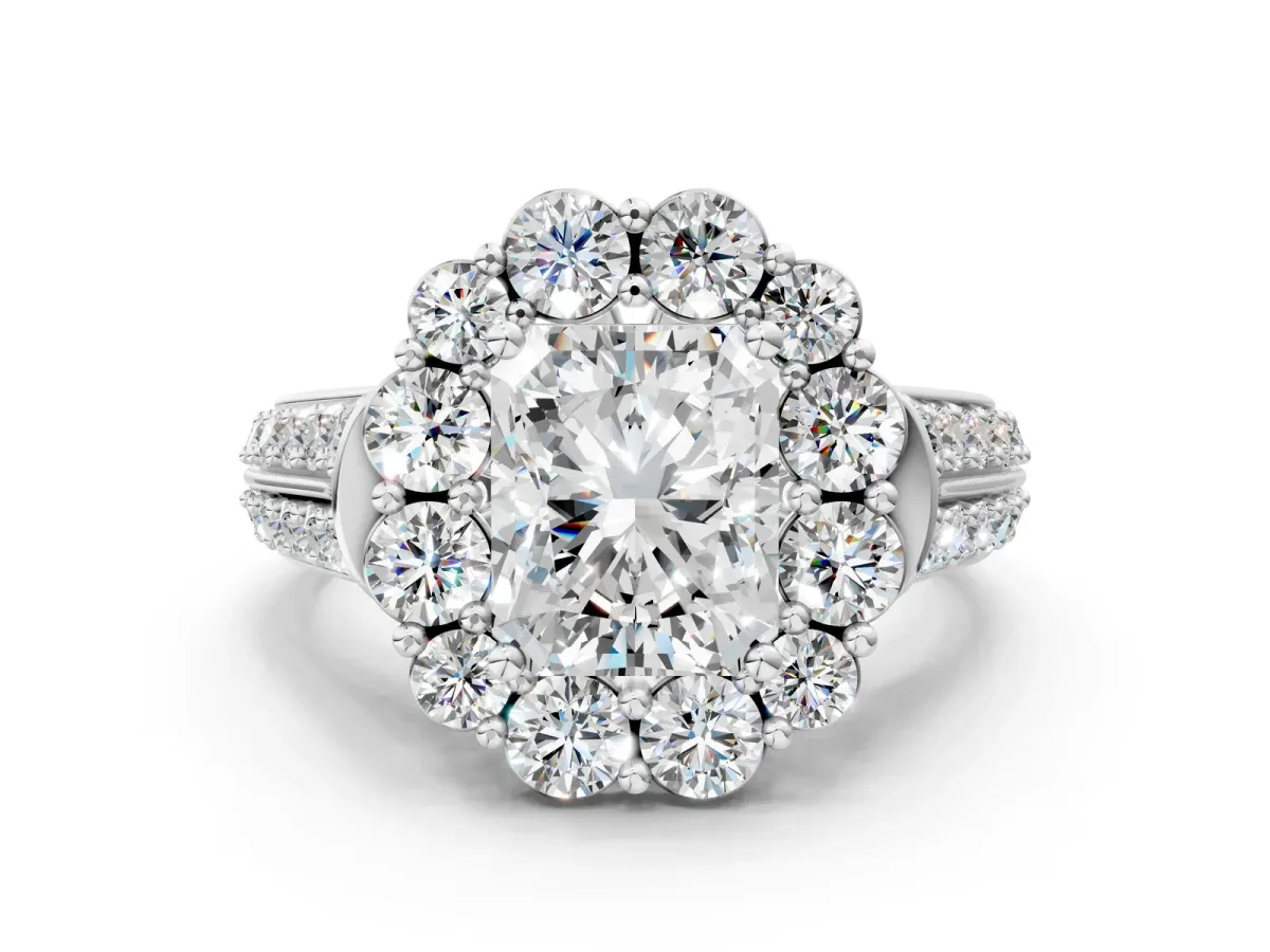 Radiant Cut Halo Diamond Engagement Ring with Split Shank and Prong Setting Platinum