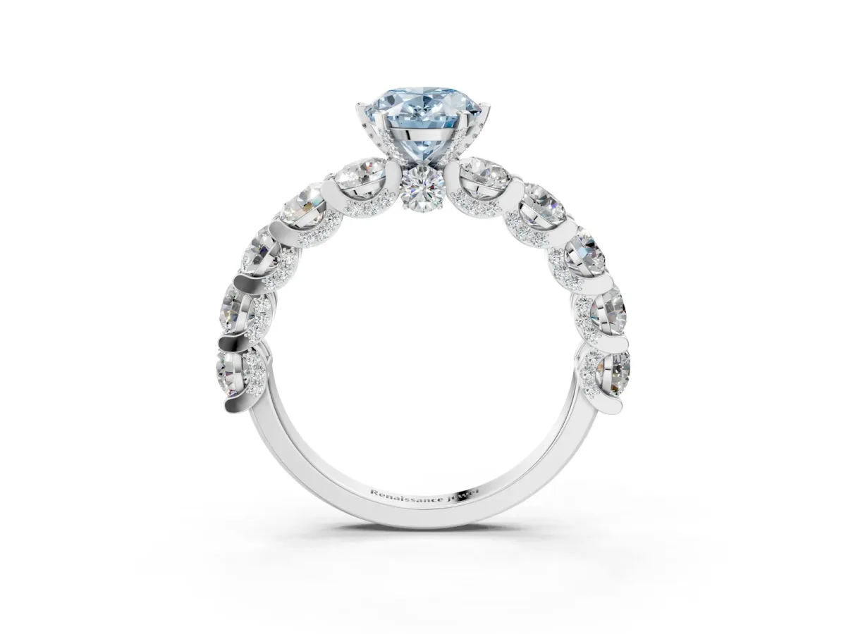 Fancy Blue Oval Cut Diamond Side Stone Engagement Ring with Four-Prong Setting White gold