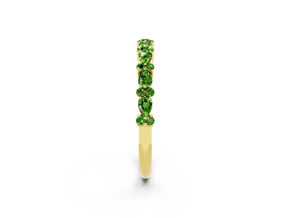 Pear and Round Peridot Wedding Band Yellow gold