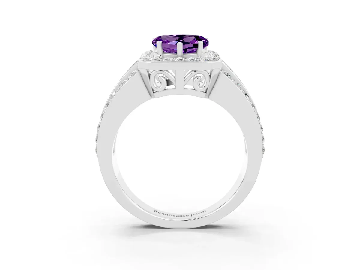 Heart Cut Halo Amethyst Ring with Round Split Shank and Prong Setting White gold