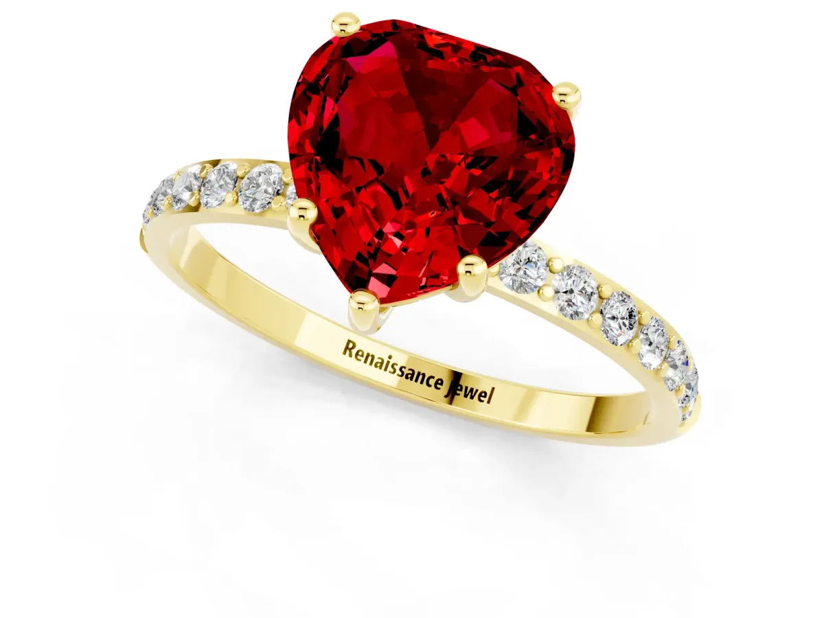 Heart Cut Ruby Solitaire Ring with Round Pavé Band and Prong Setting Yellow gold