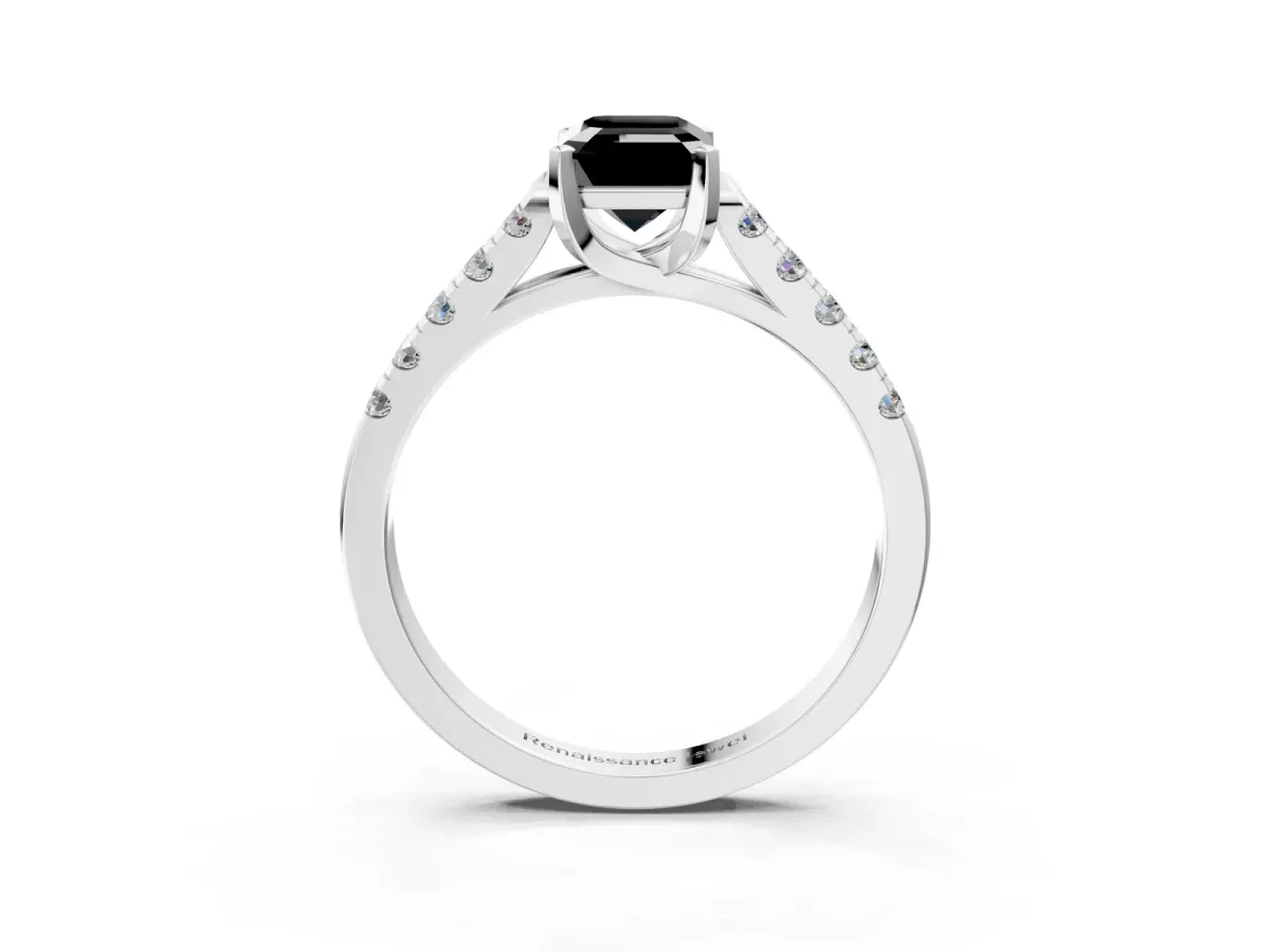 Fancy Black Emerald Cut Diamond Pavé Band Solitaire Ring with Prong Setting Platinum