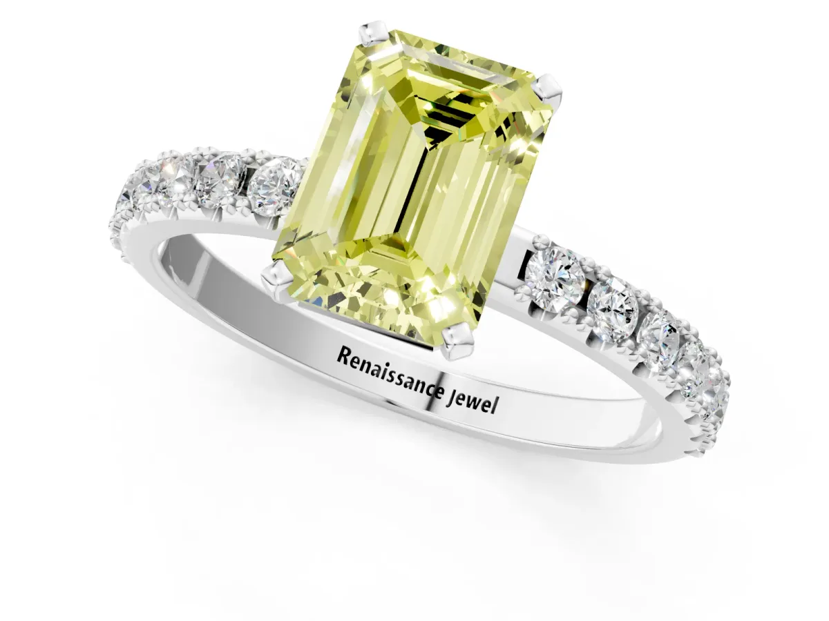 Fancy Yellow Emerald Cut Diamond Solitaire Pavé Band with Four-Prong Setting Silver