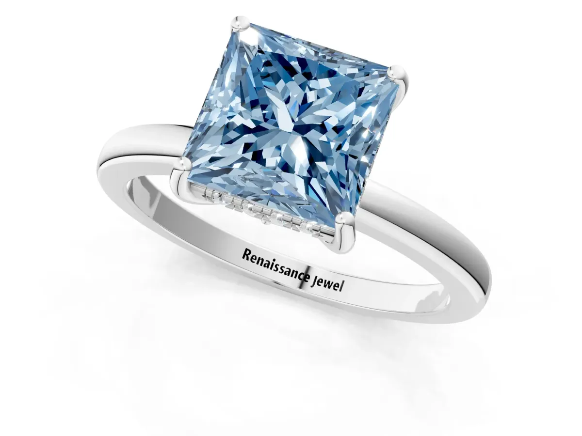 Fancy Blue Princess Cut Solitaire Diamond Ring with Prong Setting and Plain Band Silver