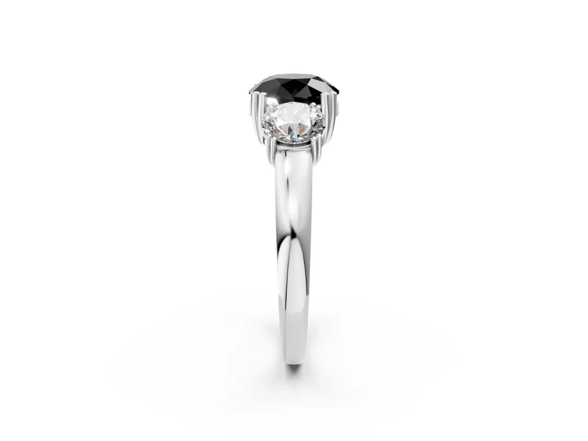 Fancy Black Three-Stone Round Cut Cut Diamond Ring with Channel Set Band and Four-Prong Setting Silver