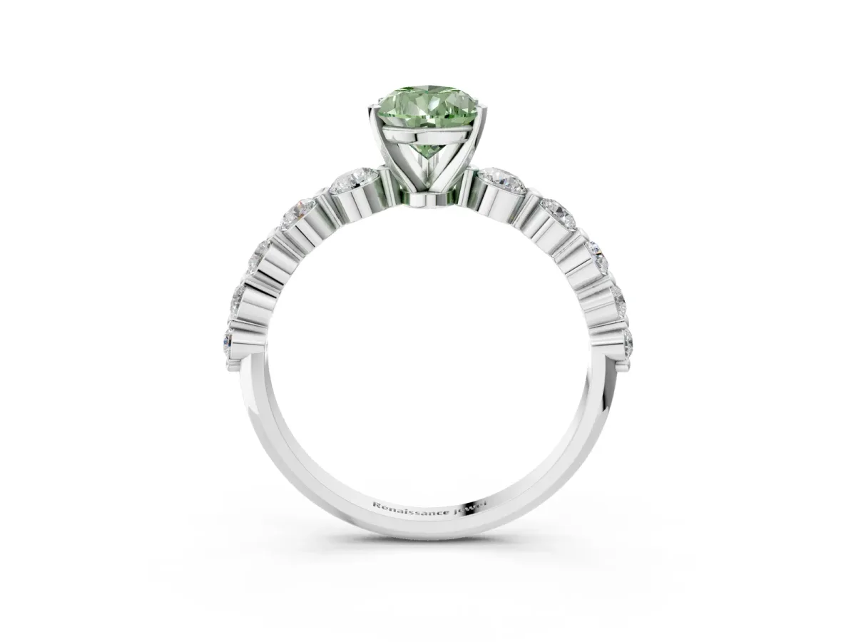 Fancy Green Pear Cut Solitaire Diamond Ring with Pave Band and Four-Prong Setting Platinum