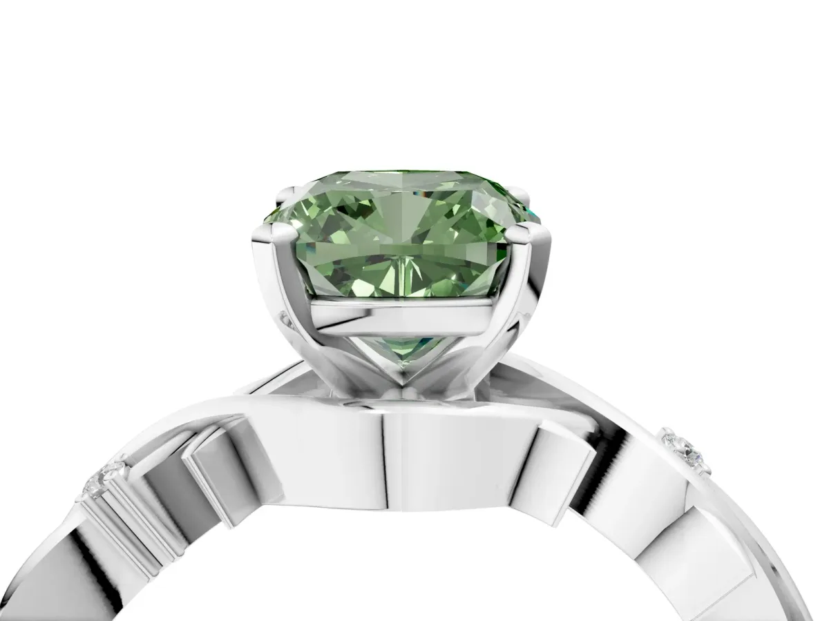 Fancy Green Cushion Cut Diamond Solitaire Ring with Twisted Band and Prong Setting Silver