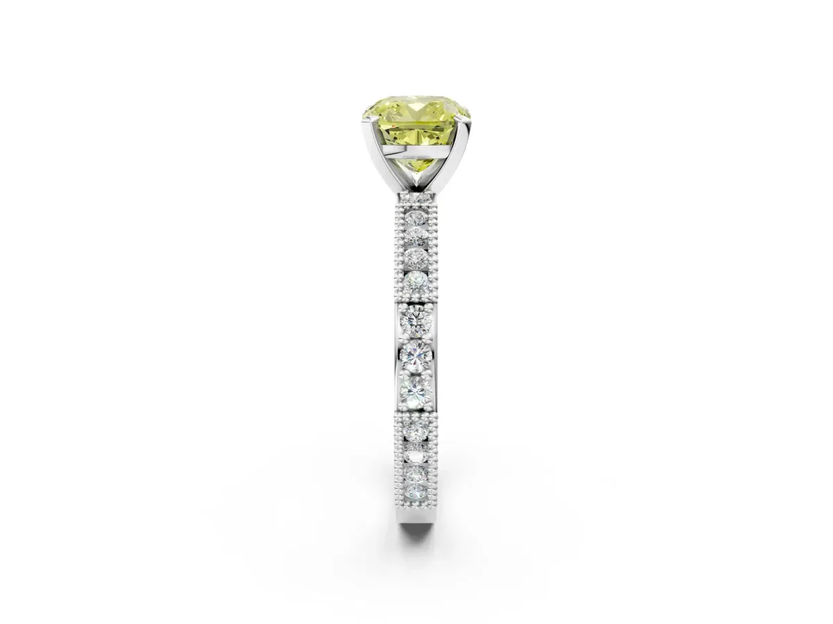 Fancy Yellow Cushion Cut Solitaire with Pavé Band and Four-Prong Setting Silver
