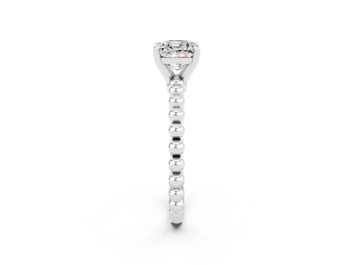 Cushion Cut Moissanite Solitaire Ring with Beaded Band and Prong Setting Silver