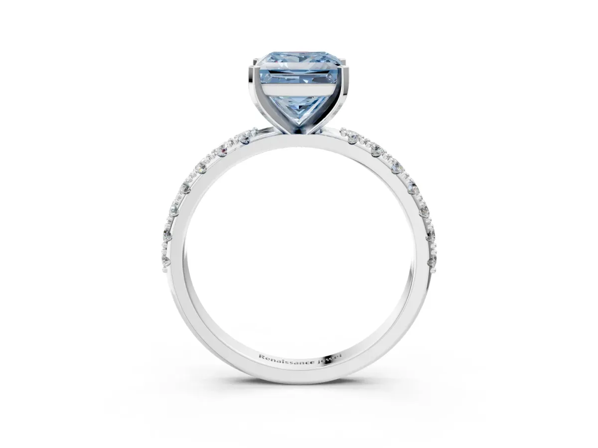 Fancy Blue Princess Cut Diamond Solitaire Pavé Band with Four-Prong Setting Silver