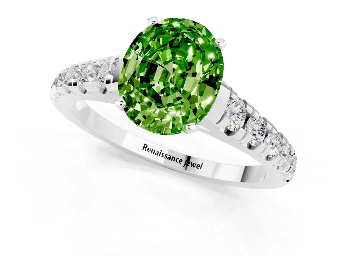 Oval Cut Peridot Cathedral Solitaire Ring with Round Pavé Band Platinum