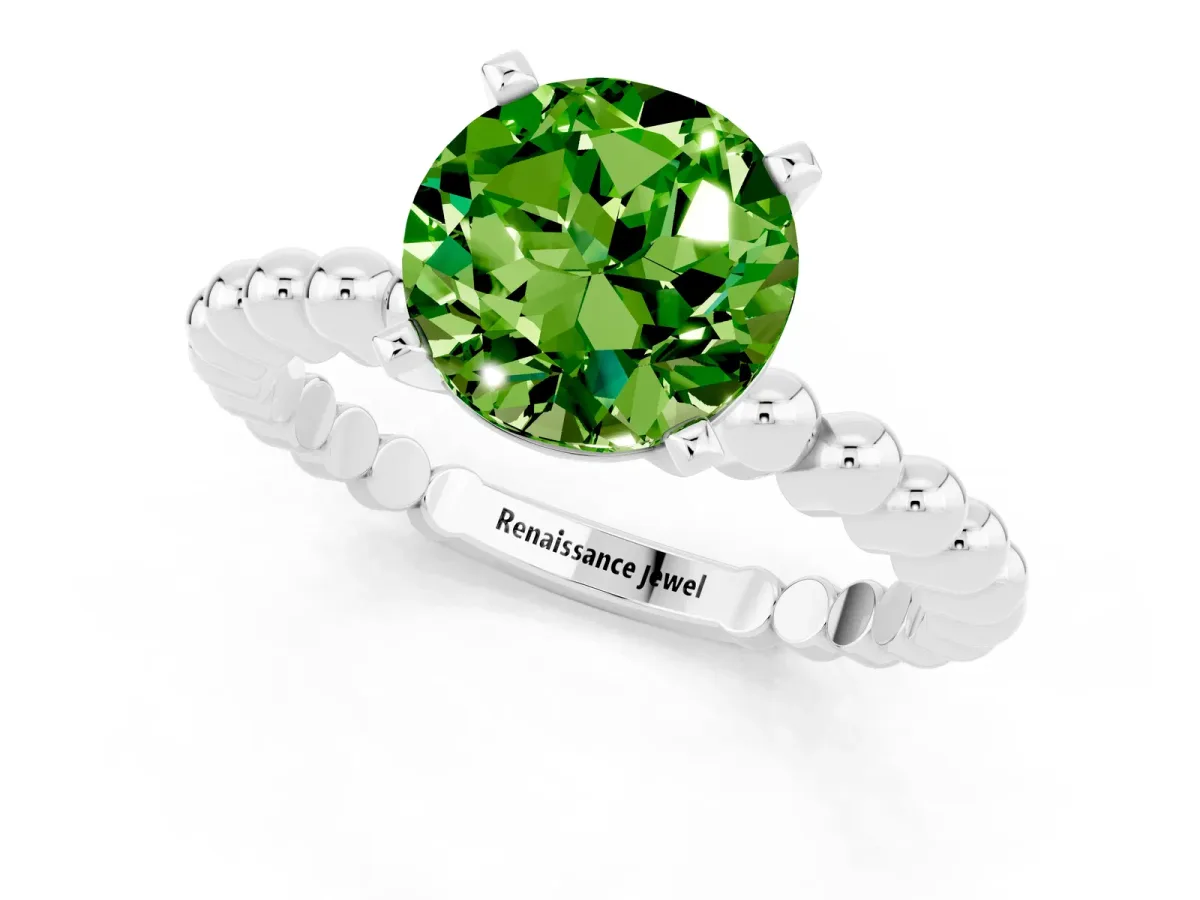 Round Cut Peridot Solitaire Ring with Beaded Band and Prong Setting Silver