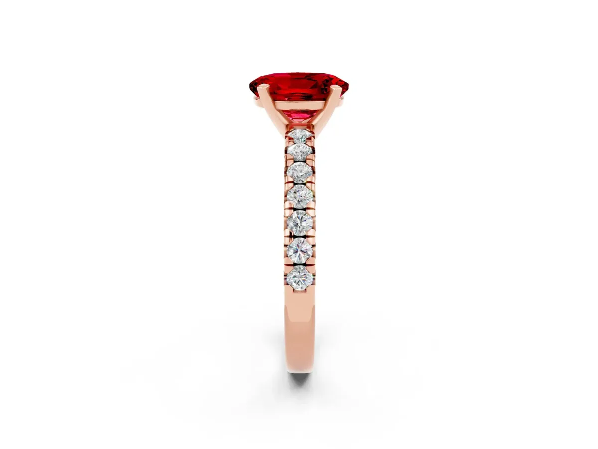 Oval Cut Ruby Solitaire Pavé Engagement Ring with Round Band and Prong Setting Rose gold