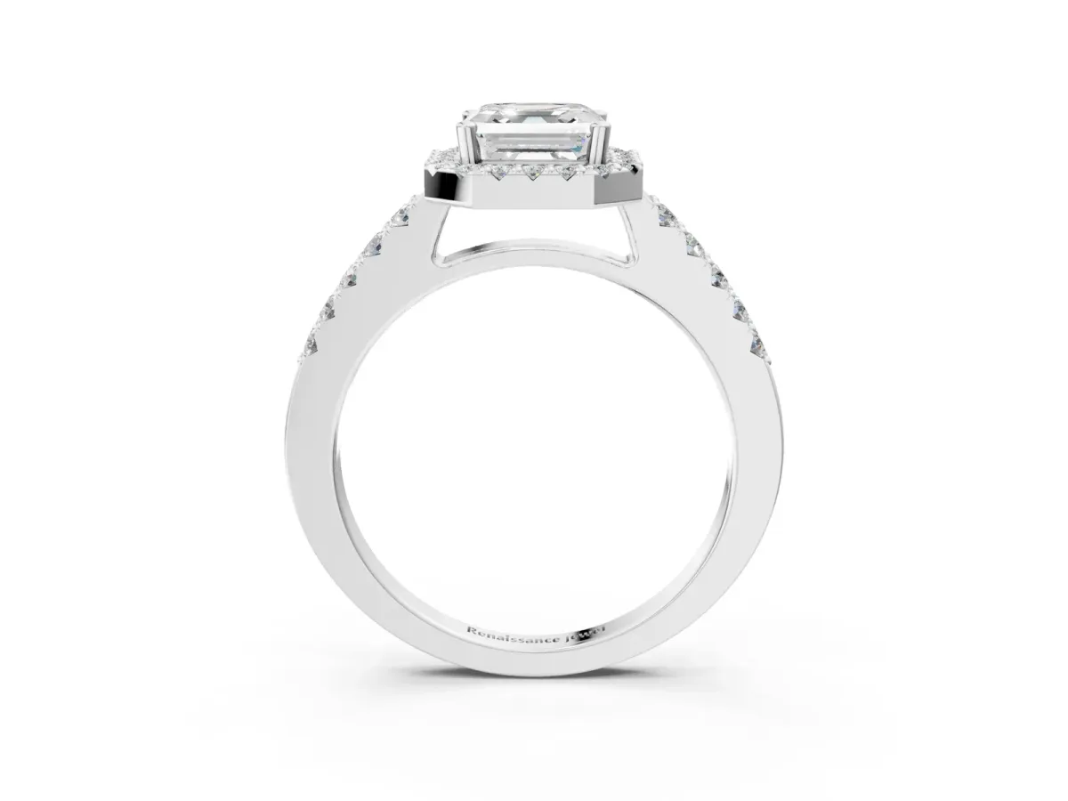 Asscher Cut Halo Diamond Pavé Solitaire Ring Silver
