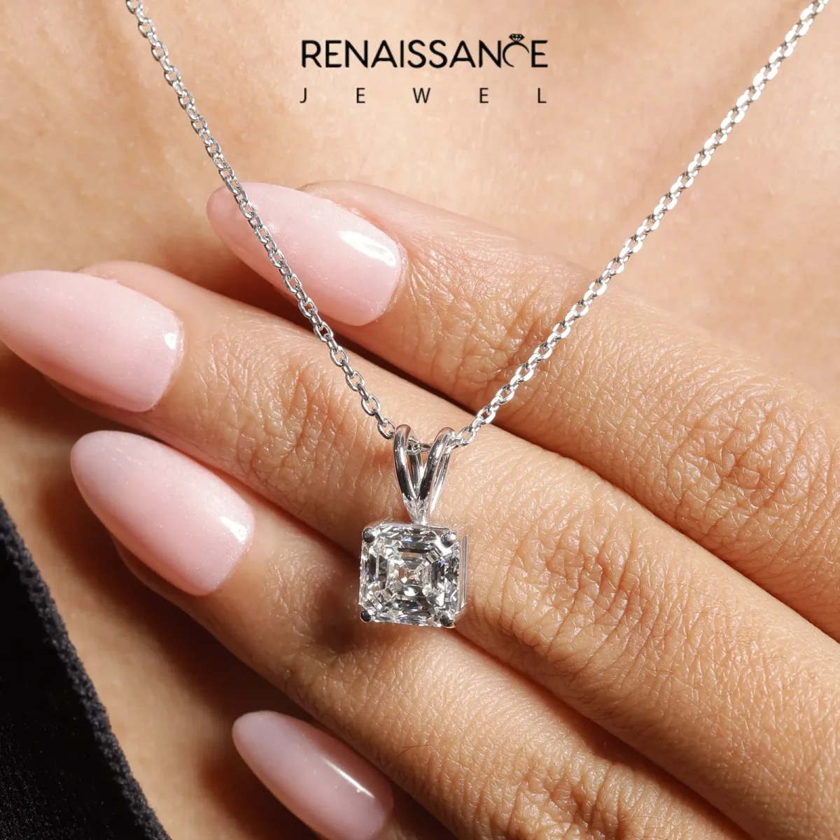 Asscher Diamond Solitaire Pendant with Four Prong Setting Silver