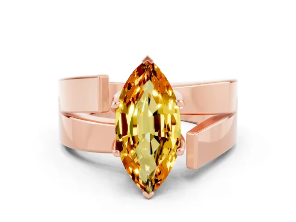 Modern Tension Set Marquise Cut Citrine Solitaire Wide Band Ring Rose gold