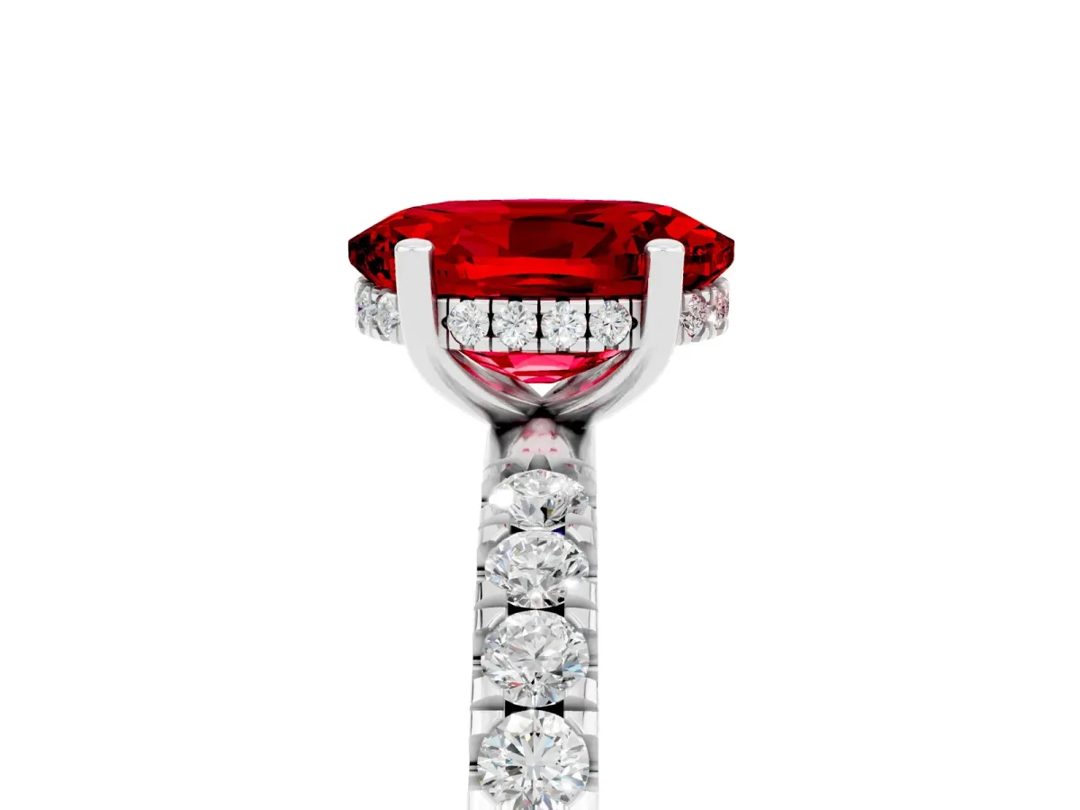 Oval Cut Ruby Pave Band Solitaire Ring with Round and Prong Setting Platinum