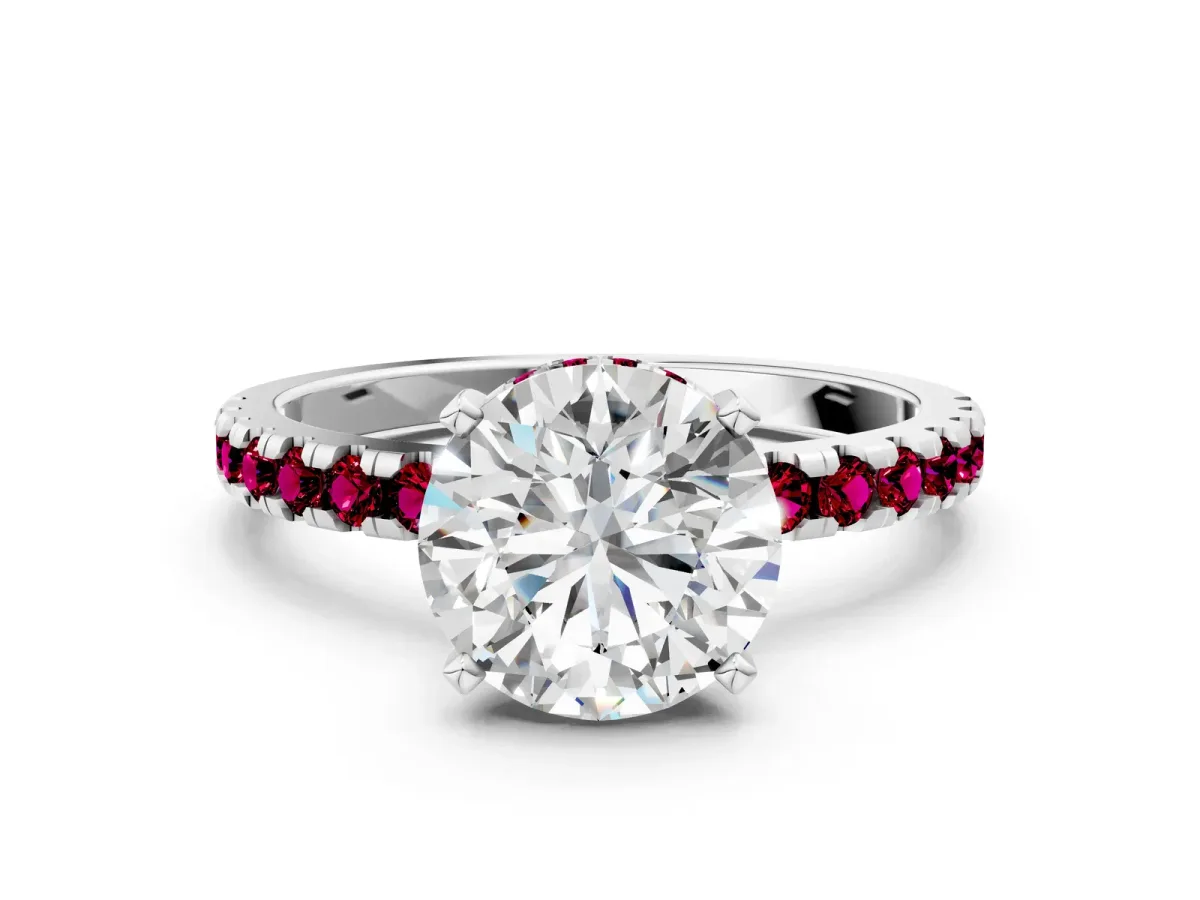 Round Cut Diamond Solitaire Ring with Round Garnet Pavé Band and Four-Prong Setting Silver