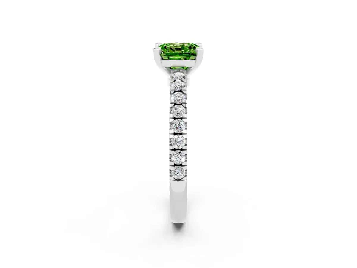 Cushion Cut Solitaire Peridot with Pavé Band and Four-Prong Setting Silver