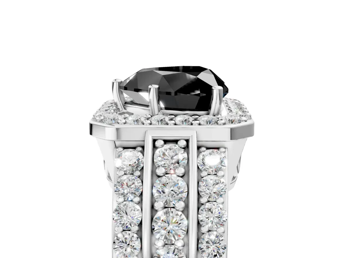 Fancy Black Heart Cut Halo Diamond Ring with Round Split Shank and Prong Setting Platinum