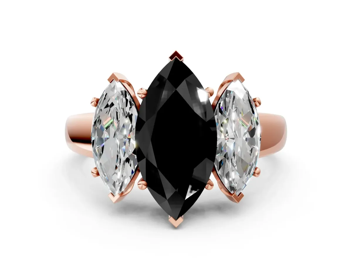Fancy Black Three-Stone Marquise Cut Cut Solitaire Ring with Classic Prong Setting Rose gold