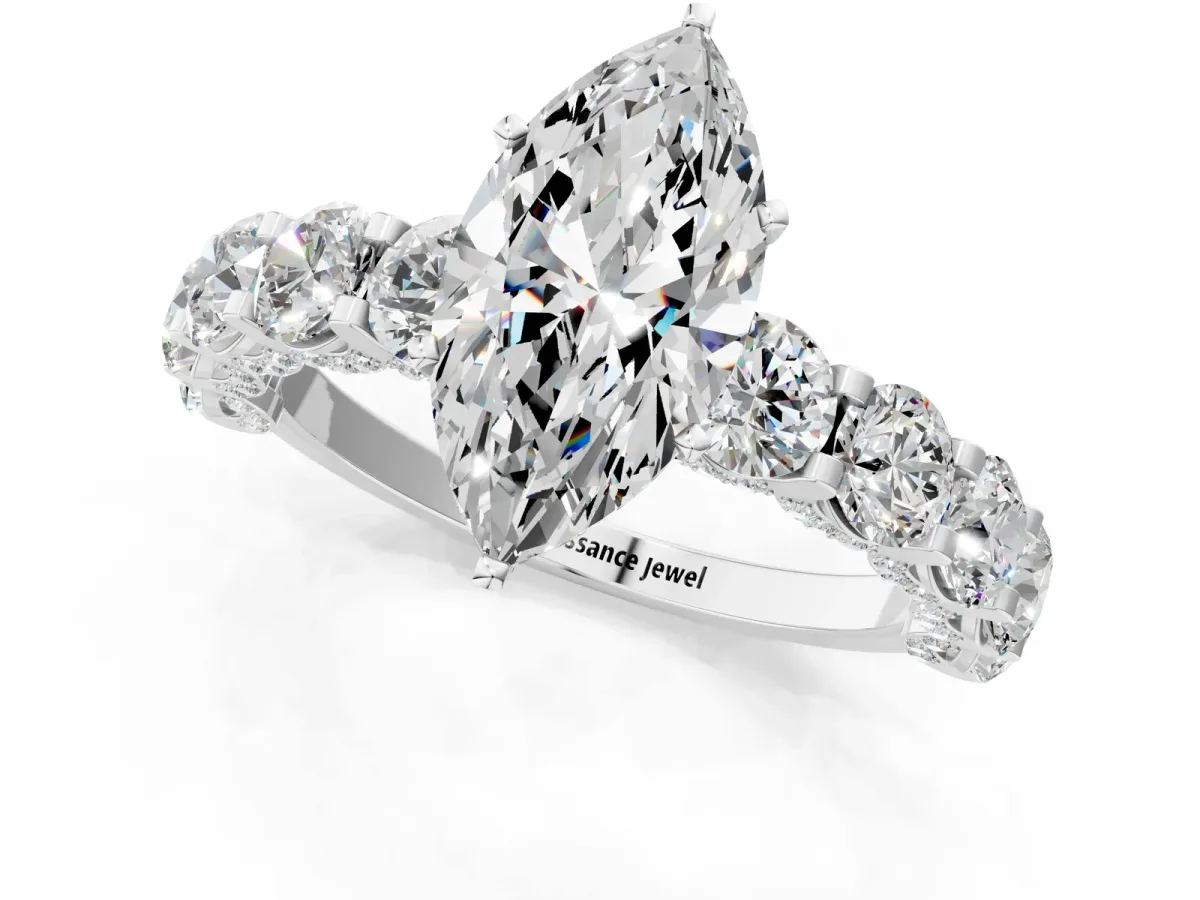 Marquise Cut Diamond Side Stone Engagement Ring with Four-Prong Setting White gold