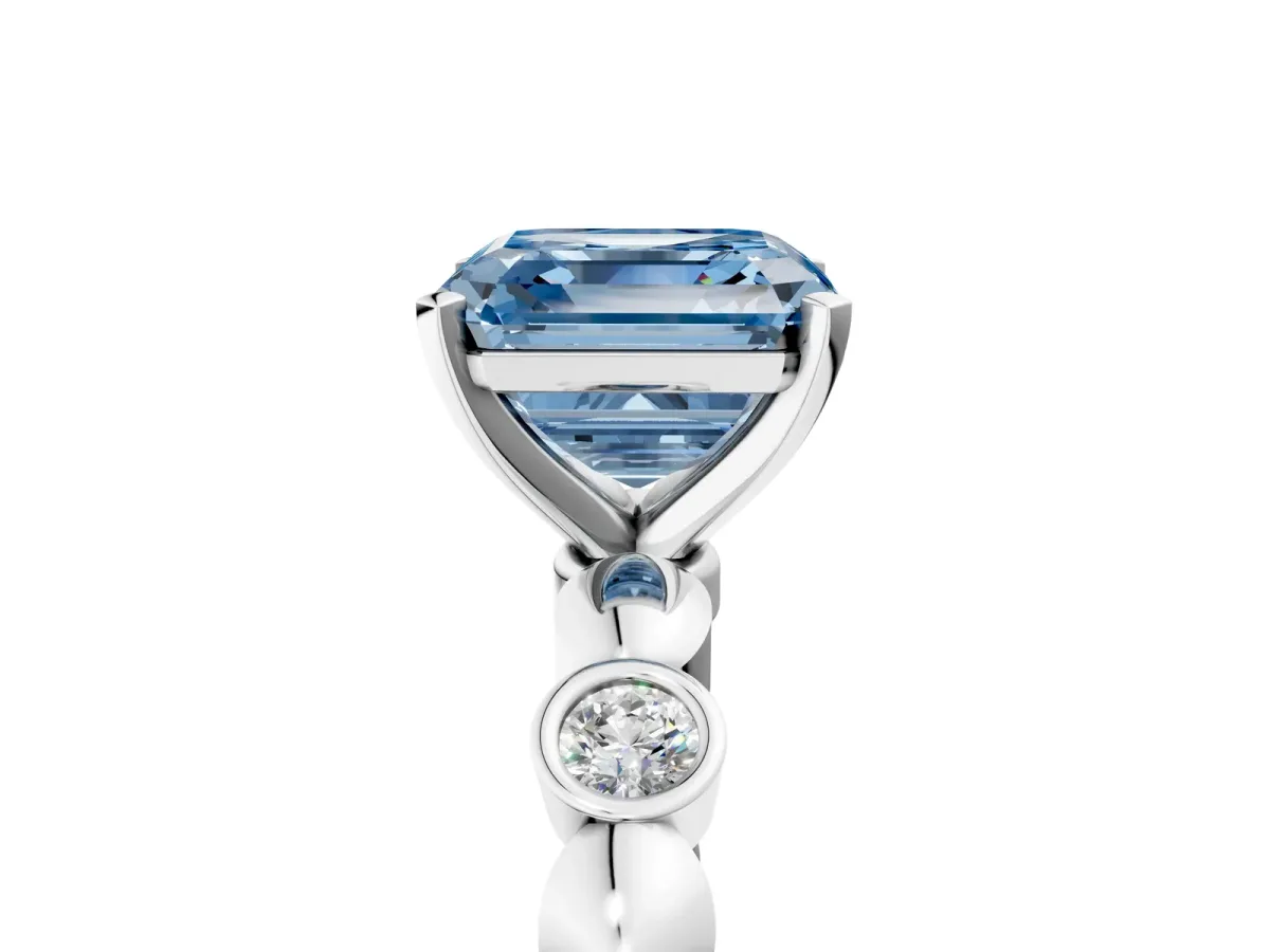 Fancy Blue Asscher Cut Solitaire Bezel-Set Diamond Ring with Beaded Band and Four-Prong Setting Platinum