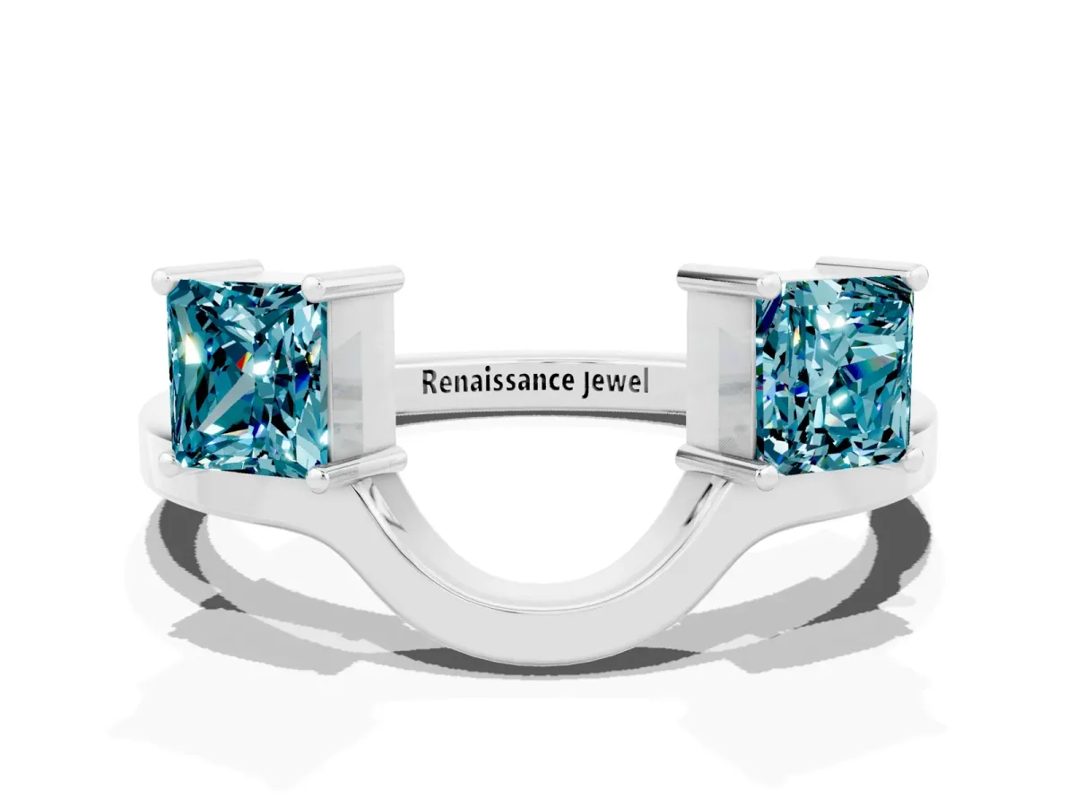 Princess Cut Blue Topaz Two-Stone Open Band Ring with Four-Prong Setting Silver