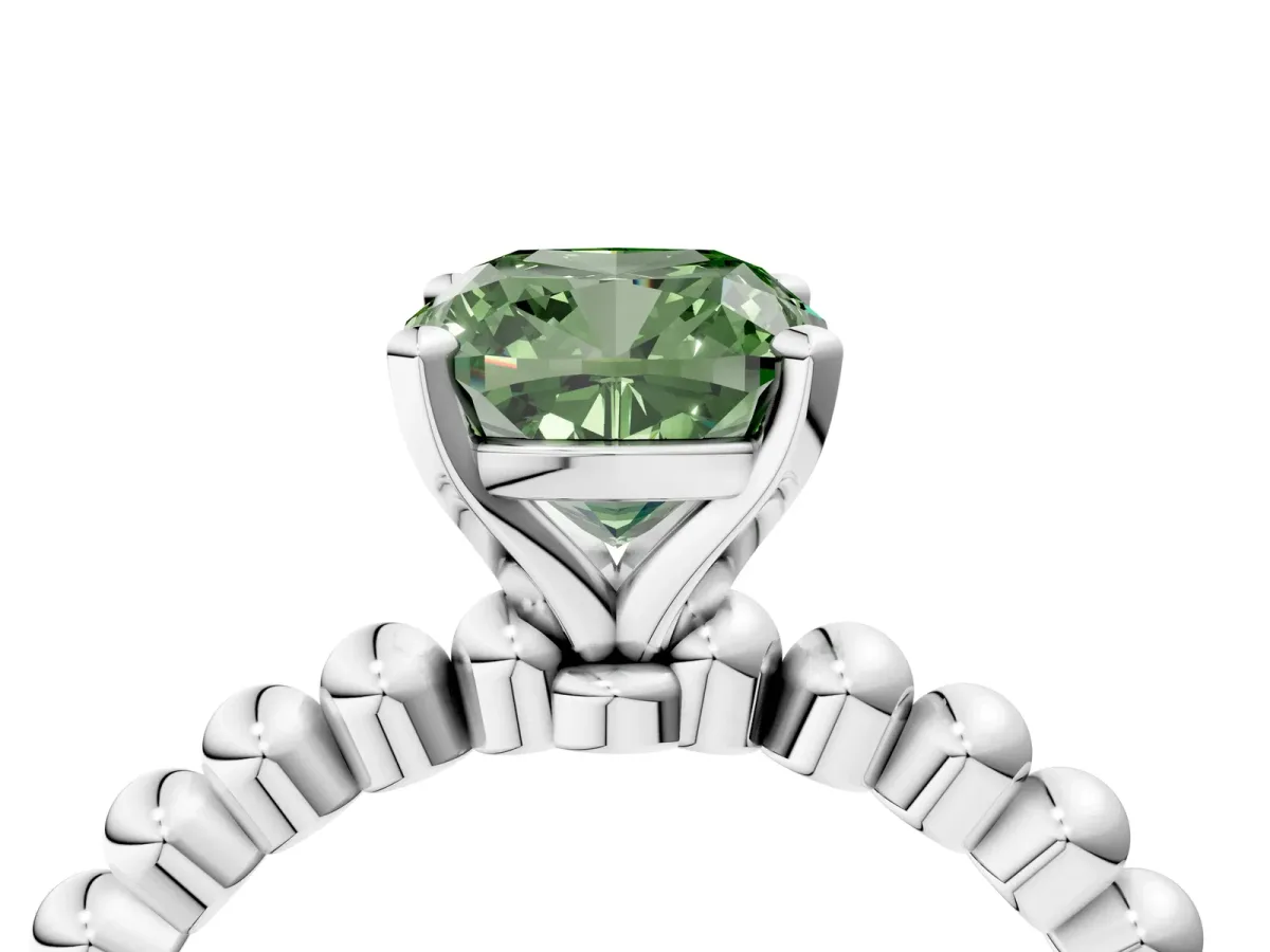 Fancy Green Cushion Cut Diamond Solitaire Ring with Beaded Band and Prong Setting Silver