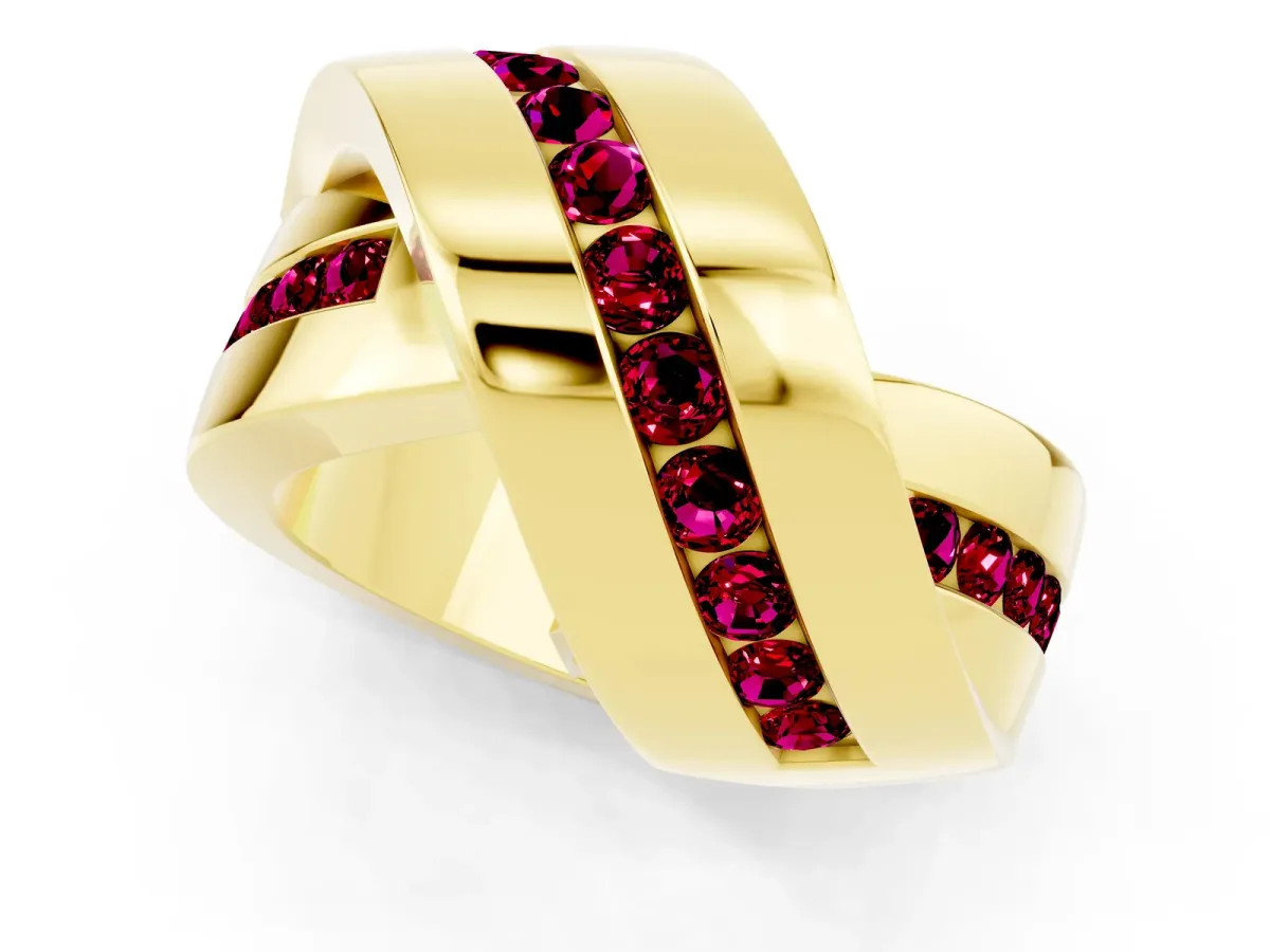 Pavé Round Garnet Crossover Band with Channel Setting Yellow gold