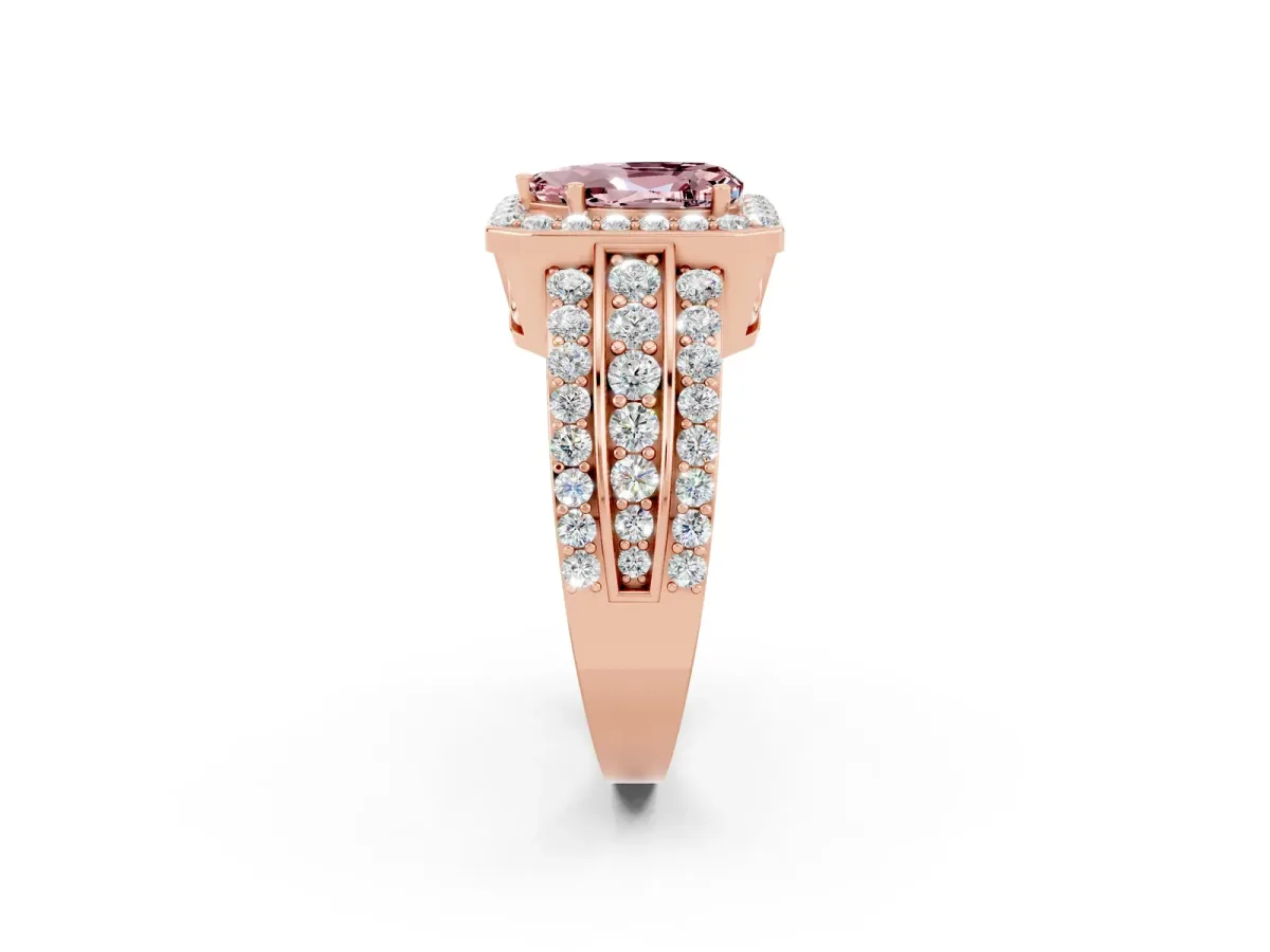 Pear Cut Halo Morganite Ring with Round Split Shank and Prong Setting Rose gold
