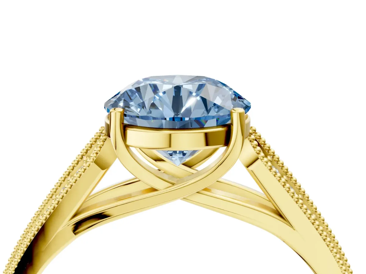 Fancy Blue Round Cut Cut Pave Split Shank Engagement Ring with Four-Prong Setting Yellow gold
