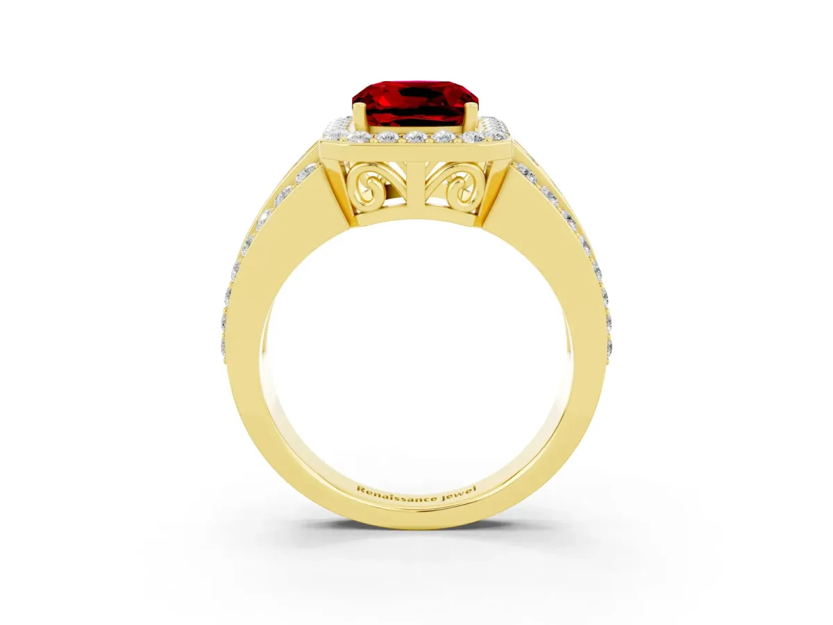Cushion Cut Halo Ruby Ring with Round Split Shank and Prong Setting Yellow gold