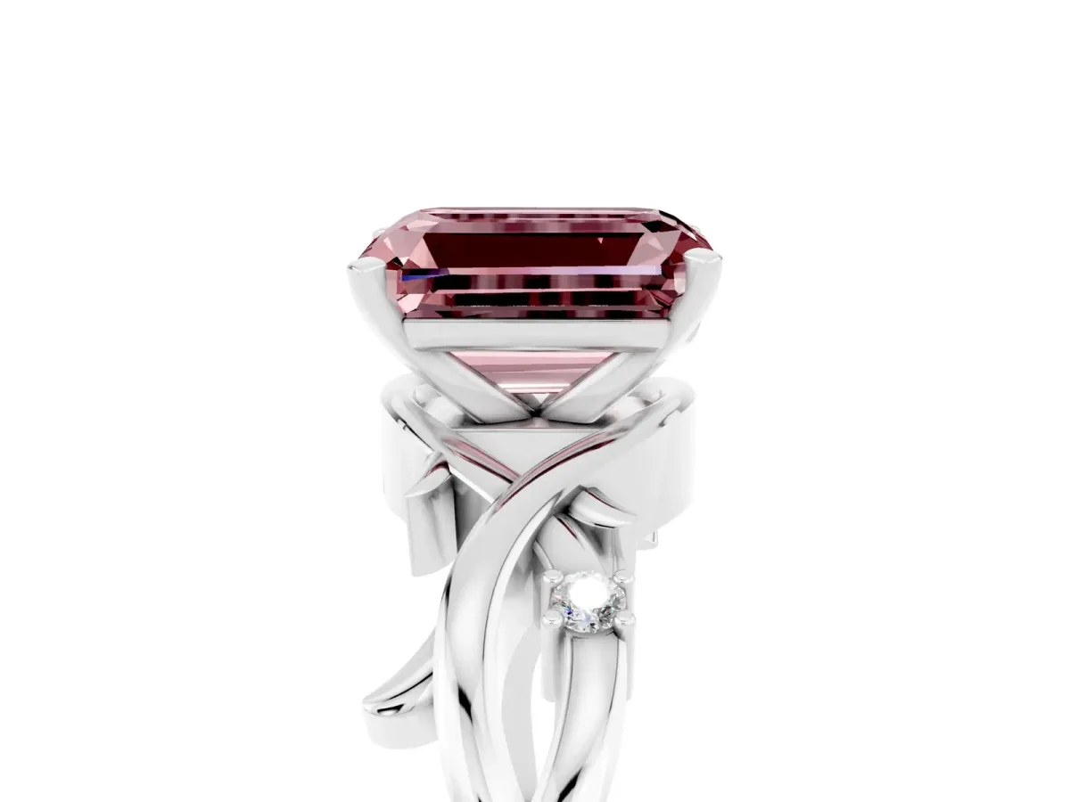Emerald Cut Morganite Solitaire Ring with Twisted Band and Prong Setting Silver