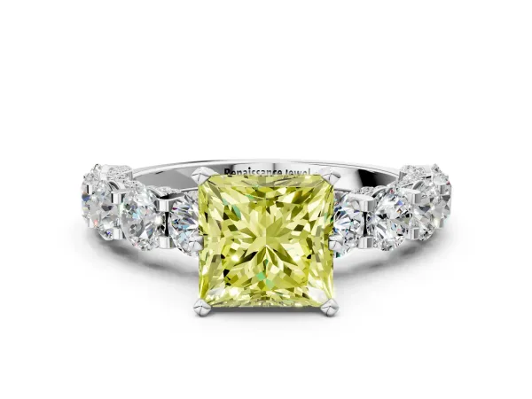Fancy Yellow Princess Cut Diamond Side Stone Engagement Ring with Four-Prong Setting Platinum