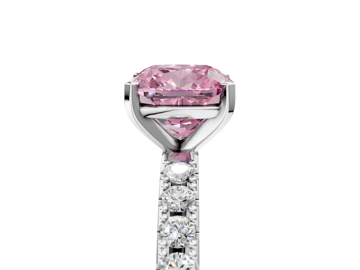 Fancy Pink Cushion Cut Diamond Solitaire Pavé Band with Four-Prong Setting Silver
