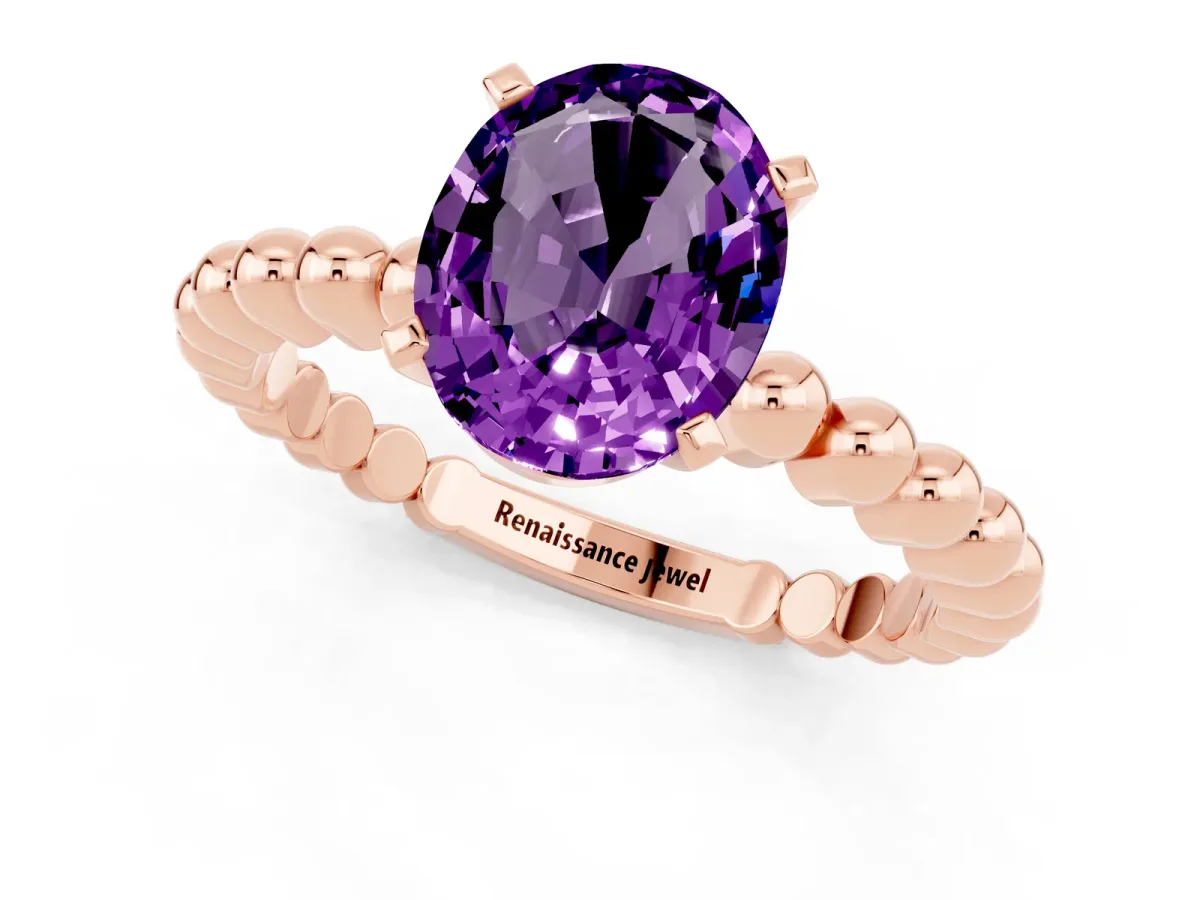 Oval Cut Amethyst Solitaire Ring with Beaded Band and Prong Setting Rose gold
