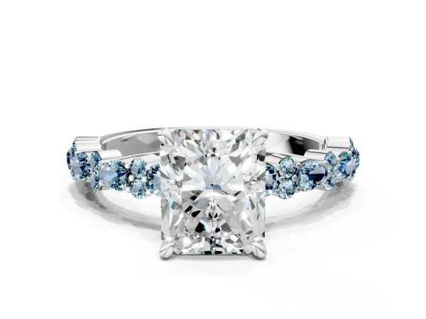 Radiant Cut Diamond Side Stone Solitaire Ring with Round Aquamarine and Four-Prong Setting Platinum