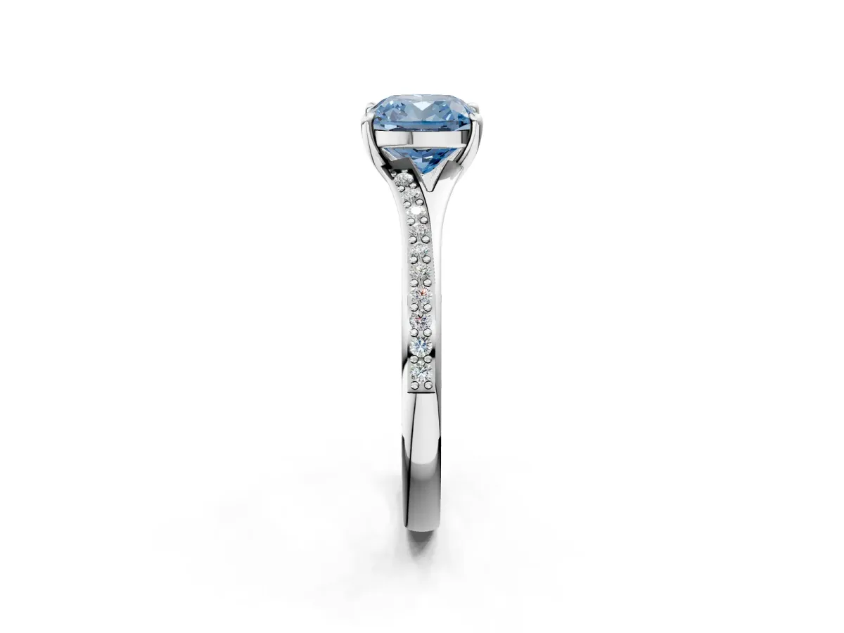 Fancy Blue Cushion Cut Diamond Solitaire Ring with Pavé Band and Prong Setting Silver