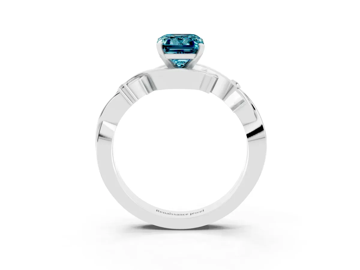 Emerald Cut Blue Topaz Solitaire Ring with Twisted Band and Prong Setting Silver