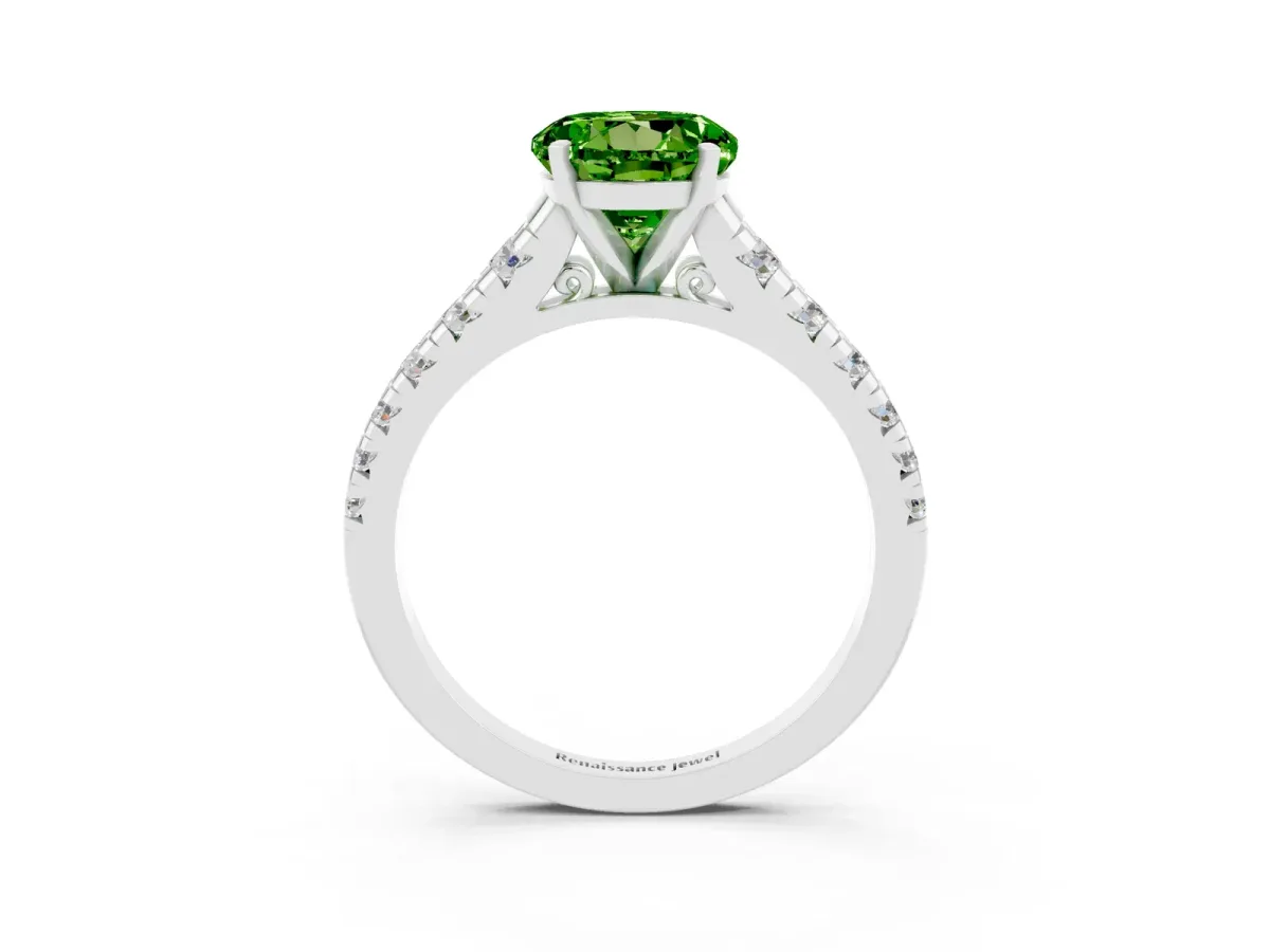 Round Cut Peridot Cathedral Solitaire Ring with Round Pavé Band Silver